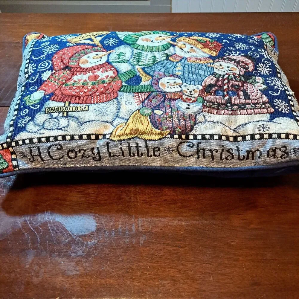 Christmas Pillow Snowman Family Blue 12x18 Inches Winter Holidays Decorative
